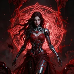 masterpiece portrait of an beautiful necromancer girl with biomechanical modifications surrounded by crimson ink pour and flowing liquid complex sacred geometry, powerful, cinematic, dramatic lighting, by elden ring, h. r. giger, beksinski, alphonse mucha, artgerm, donato giancola, tom bagshaw, trending on cgsociety, octane render, 8 k