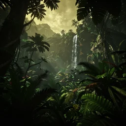a beautiful render of a dark prehistoric rainforest, lush flora, patches of yellow sky, dark green leaves, dark shadows, mountains and a waterfall in the background, intricate detail, hazy, humid, volumetric lighting, 8 k, photorealistic, raytracing effects, unreal engine 5