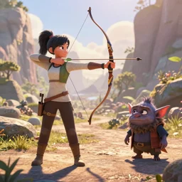 Pixar movie still, A female archer points her bow at a goblin, daylight, close-far composition