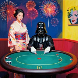 hyper - realistic composition of a room with an extremely detailed poker table, woman in traditional japanese kimono standing nearby, darth vader sitting at the table, fireworks in the background, pop art style, jackie tsai style, andy warhol style, acrylic on canvas