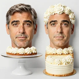 edible george clooney made step by step in separate frames. first step the basic face shape is made of cake, second step adds hair made of whipped cream and eyes made of cookies, third step adds a suit made of blueberries and a strawberry tie, fourth step adds fine details using sprinkles and chocolate sauce, from the beautiful'food art collection ', dslr