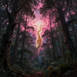 Dark Forest Light Through Canopy Turbulent Sky Ziricote Pink Ivory Brazilian Rosewood Foundation of Love Bright Turbulent Sky Behind Dark Forest Canopy Romantic, Luminism, Hudson River School, art in the style of Francisco de Goya and Thomas Cole and Caspar David Friedrich, 4k