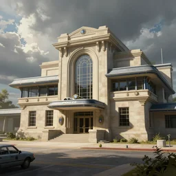 Futuristic police station. By Frank Lloyd Wright, concept art, digital painting, unreal engine, neoclassical,highly detailded