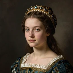 portrait of young woman in renaissance dress and renaissance headdress, art by franco fontana