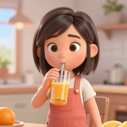 a 3 d render of a girl drinking orange juice, pixar