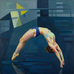 woman arches her back and dives into the deep deep water, abstract art in the style of cubism and georgia o keefe,