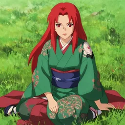a portait of a beautiful redheaded female ninja wearing an intricate green and red kimono sitting down on a field of grass, drawn in the style of the anime naruto by masashi kishimoto. artstation, trending, high quality, studio ghibli, by hayao miyazaki