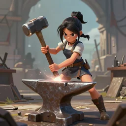 blacksmith cute girl hitting with a hammer, anvill, epic digital art illustration, wide angle, masterpiece, dynamic wide perspective, anatomy skills, outstanding detail, illustration, colorgrading, LUTs, octane render, redshift, simulation, | 28mm |, great composition by sixmorevodka studio