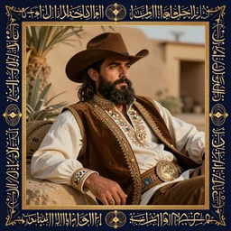 bearded cowboy resting in oasis, persian folkore artstyle, portrait, calligraphy border