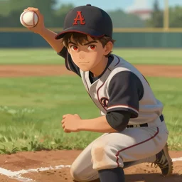 portrait of a young baseball player is flying a baseball, in the baseball field, male, gorgeous, red eyes, peaceful expression, detailed face, amazing, thighs, the feeling of summer, intricate, highly detailed, digital painting, artstation, concept art, sharp focus, illustration, art by greg rutkowski and alphonse mucha