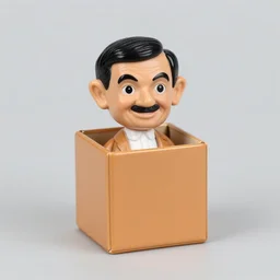 a jack in the box with the head of mr. bean, 3 5 mm, f / 2. 8, flash photography, product photo