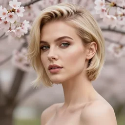 photo of a gorgeous female with short blonde hair in the style of stefan kostic, realistic, body shot, sharp focus, 8 k high definition, insanely detailed, intricate, elegant, art by stanley lau and artgerm, cherry blossoms
