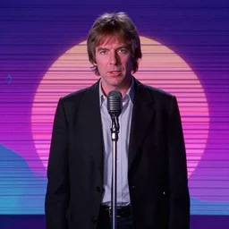 a man standing in front of a microphone, a screenshot by david gilmour blythe, trending on cg society, retrofuturism, 1 9 9 0 s, y 2 k aesthetic, movie still