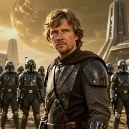 still image screenshot portrait of luke skywalker facing new episode of the mandalorian disney + hundreds of bounty hunter soldiers in front of a strange building, moody gold planet, anamorphic lens