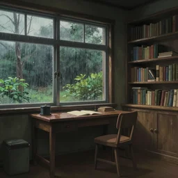 a peaceful room with a desk and bookshelves, calm and serene, with rain visible through the windows of the room. Digital art by studio ghibli