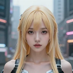 pretty blond cyberpunk seraphim in a machine city, perfect symmetrical face, cute face, 8 k, shallow depth of field, 8 k, ultra high detail, concept art, w 1 0 2 4