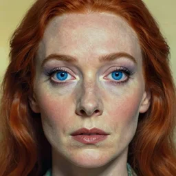 a portrait of a beautiful woman with blue eyes and red hair, face in detail, highly surrealistic art in the style of Salvador Dali and Jim Warren, highly detailed, trending on artstationhq
