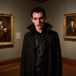 night portrait of a neurotic forty two year old british man vampire feeling confidant in a grungy museum f / 1. 4 hdr