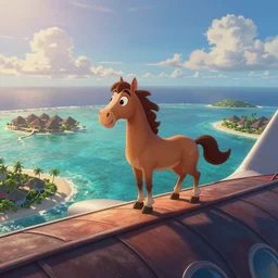a cartoon horse got on top of the roof of a plane, and flies it to the maldives, the islands, style of cartoon, disney studio,