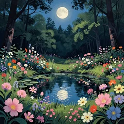 a pond in the forest, moonlight, flower garden summer morning, very coherent and colorful high contrast art, floralpunk screen printing woodblock, dark shadows, pastel color, hard lighting