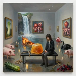 painting of a flooded art gallery, black bench seat, a tall emo girl, honeycomb, a burning canoe and knotted hemp rope, many candles, art gallery interior, pigs, courgette, waterfall, pomegranates, octopus, zen, black swans, berries, surrealist, by magritte and monet