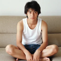 A long-shot from front, color home photograph portrait of a teen idol sitting on the sofa, summer, day lighting, 1990 photo from Japanese Magazine.