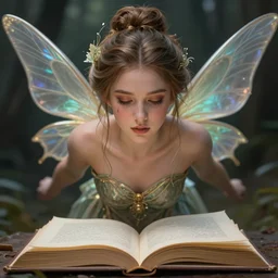 a beautiful fairy with a very detailed face hovers above an open book, highly detailed, digital painting, sharp focus, fantasy art