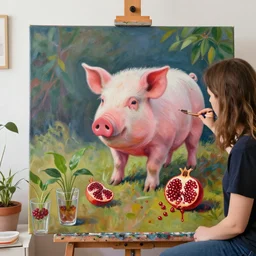 a female art student in her apartment, plants in glasses, work in progress, pig, pomegranate, berries dripping, acrylic on canvas, surrealist, by magritte and monet