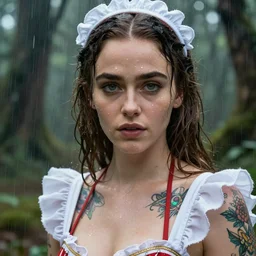emilia clarke as a beautiful tattooed female maid wearing a magical bikini in a magical raining forest, highly detailed and realistic face, rain drops on face, beautiful detailed eyes with a piercing gaze, fantasy art, in the style of artgerm, illustration, epic, fantasy, intricate, hyper detailed, artstation, concept art, smooth, sharp focus, ray tracing, vibrant, photorealistic