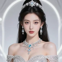portrait of pretty princess with perfect skin, glowing, ornate and intricate diamond jewelry, jaw dropping beauty, glowing backdrop, white accent lighting, hyper detailed, 4 k octane render