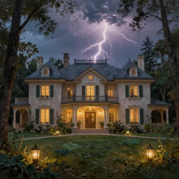 rich mansion in the woods, there is lanterns around illuminating the environment, cinematic lightning, dramatic, clouds, sky, the time of day is dusk, highly detailed, oil painting,
