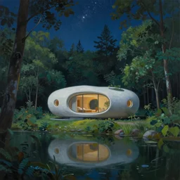 painting by by Quint Buchholz, atmospheric cozy futuristic organic white concrete house in the middle of a lush and dense forest at night, a beautiful lake next to it, night time, night sky, starry night sky, by Quint Buchholz