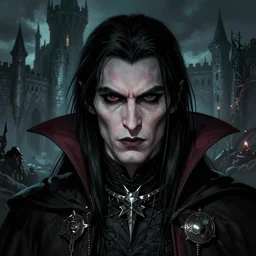 a highly detailed color illustration portrait of a vampire fantasy race with long black hair, dark moody eerie castle setting, d & d portrait, planescape, 8 0's horror fantasy, hires, digital art, sharp, art by tim hildebrandt and frank frazetta and gerald brom and greg rutkowski