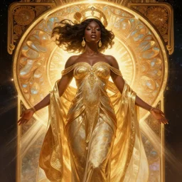 black african princess, warm volumetric lighting, cosmic, symmetric, highly detailed, elegant, concept art, heavenly, god rays, intricate, sharp focus, illustration, alexandros pyromallis, bouguereau, rutkowski, artgerm, alphonse mucha, trending on linkedin