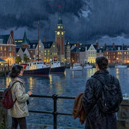 victorian harbour night, heavy rain, a beautiful painting, digital art, overdetailed art, concept art, detailed illustration, hd, 4k, digital art, highly saturated colors, Dan Mumford,  Greg rutkowski, Victo Ngai