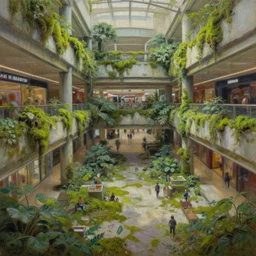 A painting of an overgrown mall, ultra-detailed painting, mossy, ruins, oil on canvas, trending on Artstation