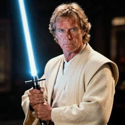Still of Clint Eastwood as jedi master Obiwan kenobi!!!!. in Star Wars (1977). detailed eyes. medium shot, technicolor. light saber