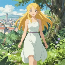 Portrait of a golden-haired elf woman walking through a city reclaimed by nature, beautiful face, highly detailed, photoshop, digital illustration, official anime key visual, by Makoto Shinkai and Hayao Miyazaki, by Alphonse Mucha and Murata Range