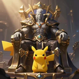 Mordekaiser form league of legends sitting on a throne with a pikachu