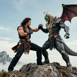 danny trejo having a fist fight with sauron on top of the mountain, high definition image