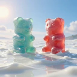 side view of a couple oversized huge ( gummi bears ) that float in white vitamin d milk ocean of gentle rolling waves. a milk ocean. blue sky morning sun on horizon. digital art, cgsociety award winner, ue 5, 4 k, dramatic lighting, subsurface scatter, hdr, dues ex.
