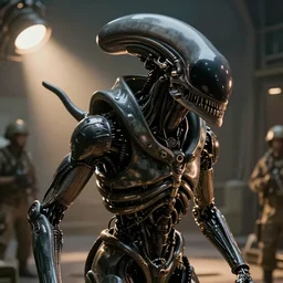 movie scene closeup on cybernetic armor on alien specimen, military camp, flood lighting by emmanuel lubezki