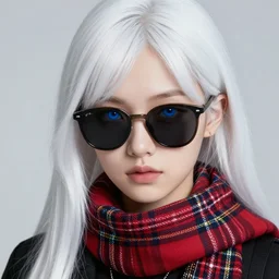 highly detailed portrait of a sewer ( ( punk ) ) lady student, sunglasses, blue eyes, tartan scarf, white hair by atey ghailan, by greg rutkowski, by greg tocchini, by james gilleard, by joe fenton, by kaethe butcher, gradient blue, black, brown and cream color scheme, grunge aesthetic!!! ( ( graffiti tag wall background ) )