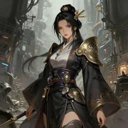 A full portrait of a powerful beautiful futuristic dystopian junktown Japanese techromancer sorcerer enchanter, intricate, elegant, highly detailed, digital painting, artstation, concept art, smooth, sharp focus, illustration, art by Krenz Cushart and Artem Demura and alphonse mucha