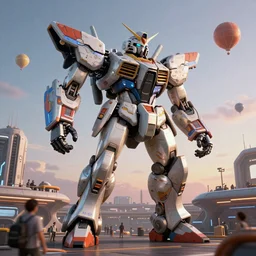 a beautiful hyperrealistic ultradetailed 3 d render of a gigantic mecha guarding a sci - fi spaceport, by jeffrey smith : 3, mech, unreal engine, octane render, gigantic, unreal engine, octane render, 3 d, brilliantly coloured, intricate, ultra wide angle, trending on artstation, dusk, volumetric lighting, hdr, polished, micro details, ray tracing, 8 k : 2, people, sphere, balloon, blurry, blur, depth of field, dof, bokeh, obscured, macro : - 1