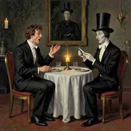 A seance, by Raphael Hopper, and Rene Magritte. Extremely Highly detailed, Occult, funny, humorous, humor, hilarious, funny, entertaining, magical, trending on artstationHQ