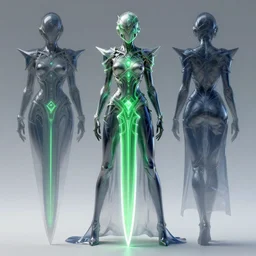 a full body character design by artgerm, cushart krenz, greg rutkowski and alphonse mucha. sci - fi dagger. laser green and white tape and dark grey blue translucent plastic tape project show attctive showgirl!! sci - fi helmet!! sharp edges. ultra clear detailed. contour light effect!! 8 k. ultra detailed, elegant, intricate, octane render.