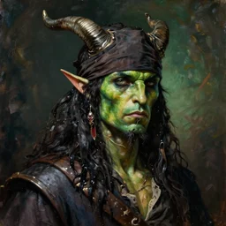 dnd head and shoulders portrait, green - skinned, male tiefling, pirate, horned, blindfolded, greasy long black hair, scrawny, by charlie bowater, lise deharme, wlop, tending on arstation, dungeons and dragon, dnd, pathfinder, fanart, oil on canvas