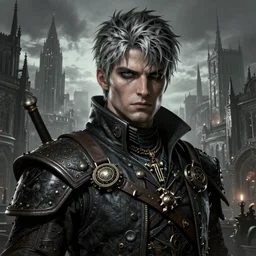 ultra - detailed portrait of corvo attano, dunwall city behind him, grey color palette, cinematic lighting, depressive atmosphere, sharp focus, dishonored wallpaper 4 k, by paul kelpe, feautured on cgsociety, rayonism, steampunk, dishonored 1 wallpaper