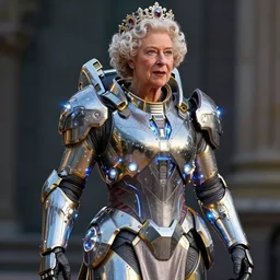 queen elizabeth in futuristic battle armor, glowing lights, detailed, realistic, intricate, trending on artstation